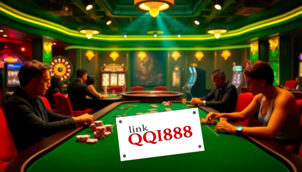 Experience the excitement of high-stakes poker at QQ88's link, showcasing vibrant chips and intense players.