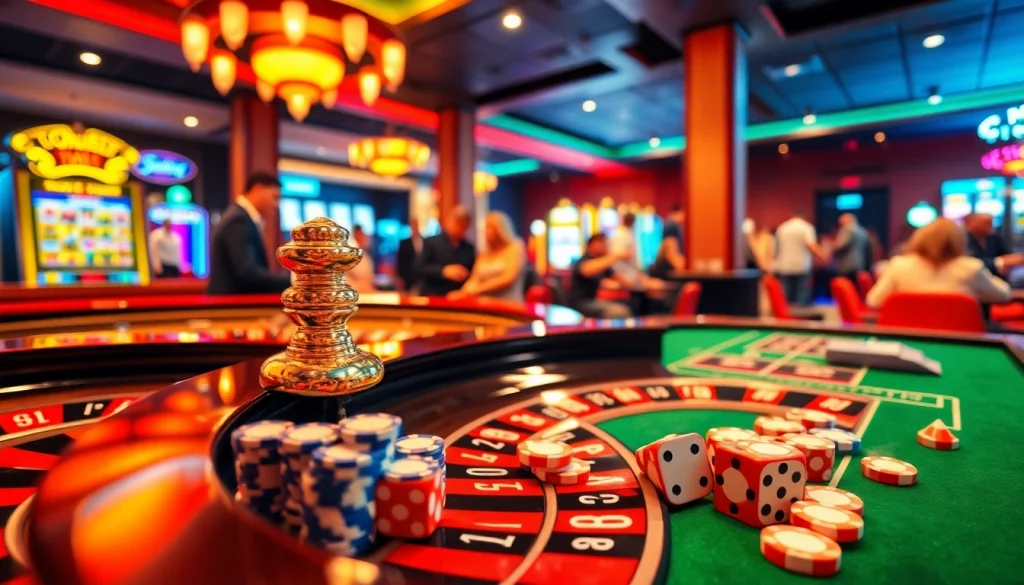 Exciting roulette table at https://f168.team, featuring vibrant players and colorful chips amidst bright casino lights.