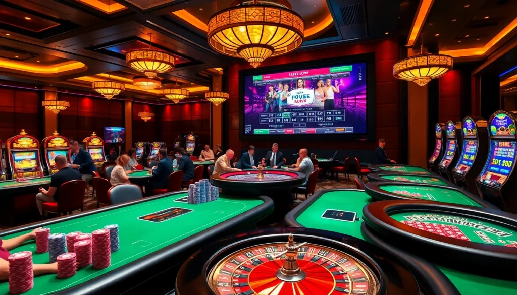 79king casino scene showcasing vibrant tables with poker chips, interactive gaming systems, and engaging players at a lively casino