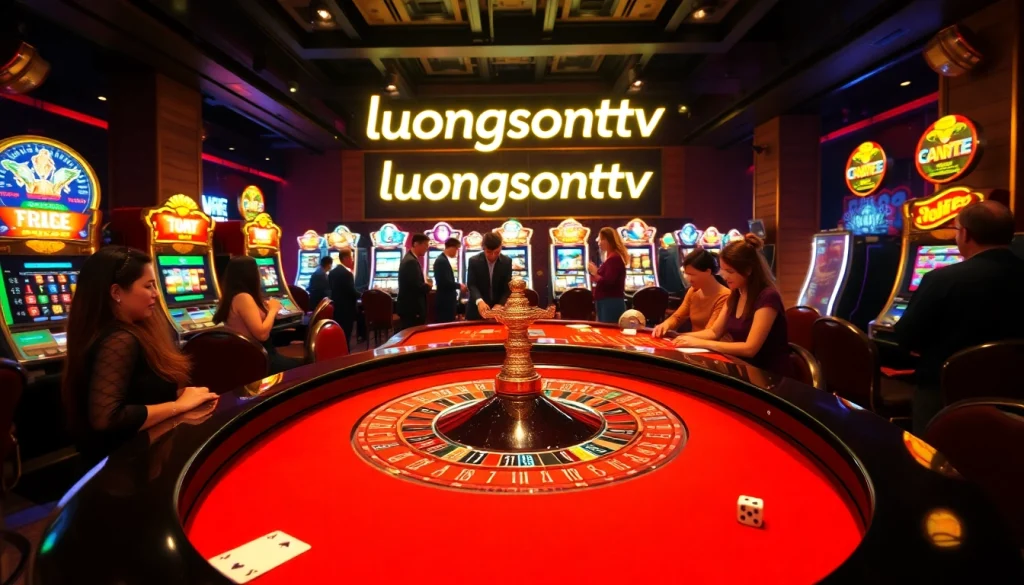 luongsontv offers an exhilarating casino experience at a roulette table with colorful slot machines and players engaged in excitement.