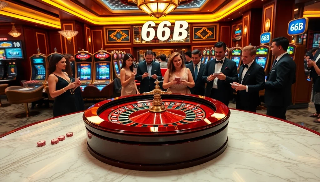 Excited players engage in betting at a luxurious casino, with the 66B roulette wheel at the center.