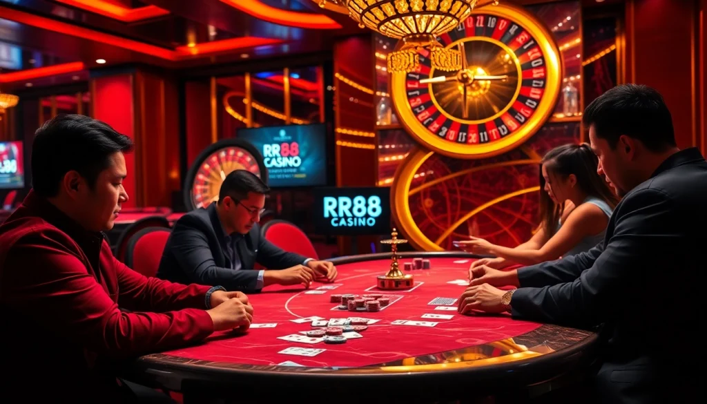RR88 Casino's luxurious poker table setting, featuring intense players and vibrant chips.