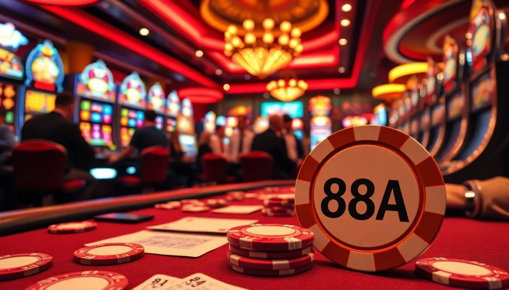 Casino scene showcasing intense poker action with 88AA poker chips and colorful slot machines in the background.