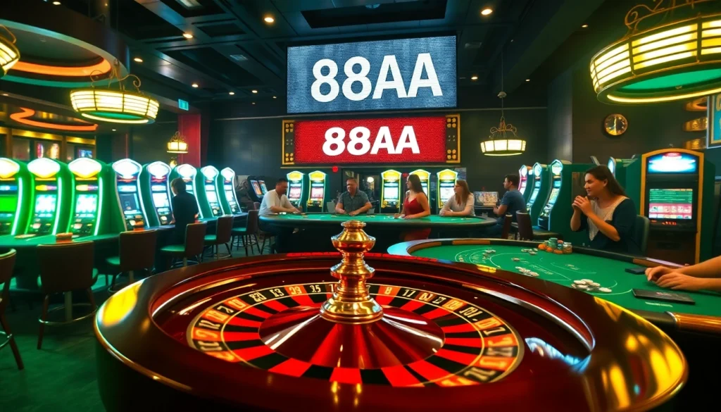 88AA showcases a lively casino atmosphere with players excitedly betting at tables and vibrant slot machines.