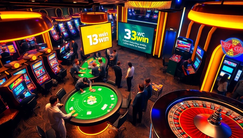 13win casino environment with players at a poker table, vibrant slot machines, and roulette wheel excitement.
