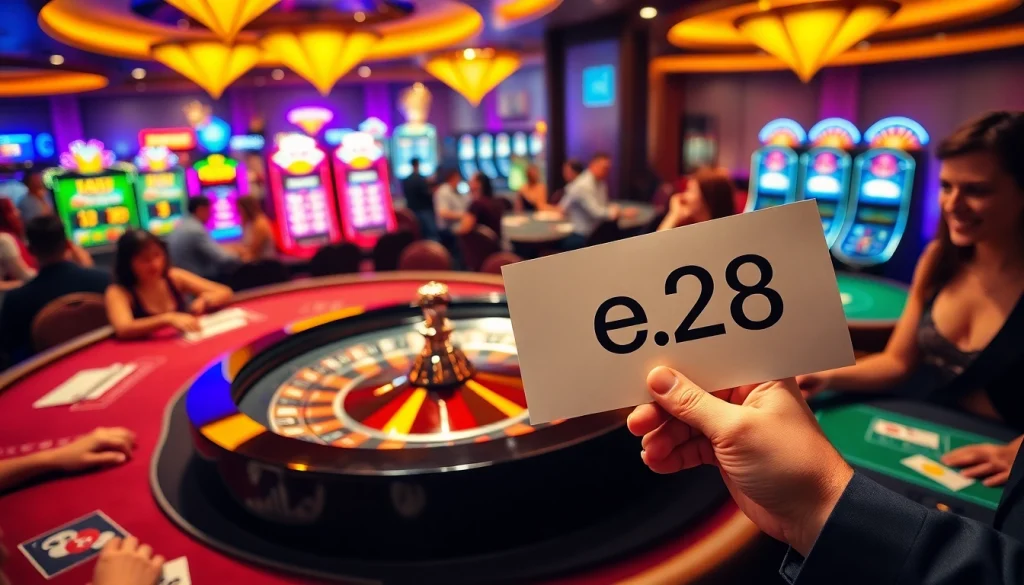 In an exciting casino scene, players enjoy a game of poker at the table while showcasing e28 betting slips and poker chips, capturing the thrill of gambling.