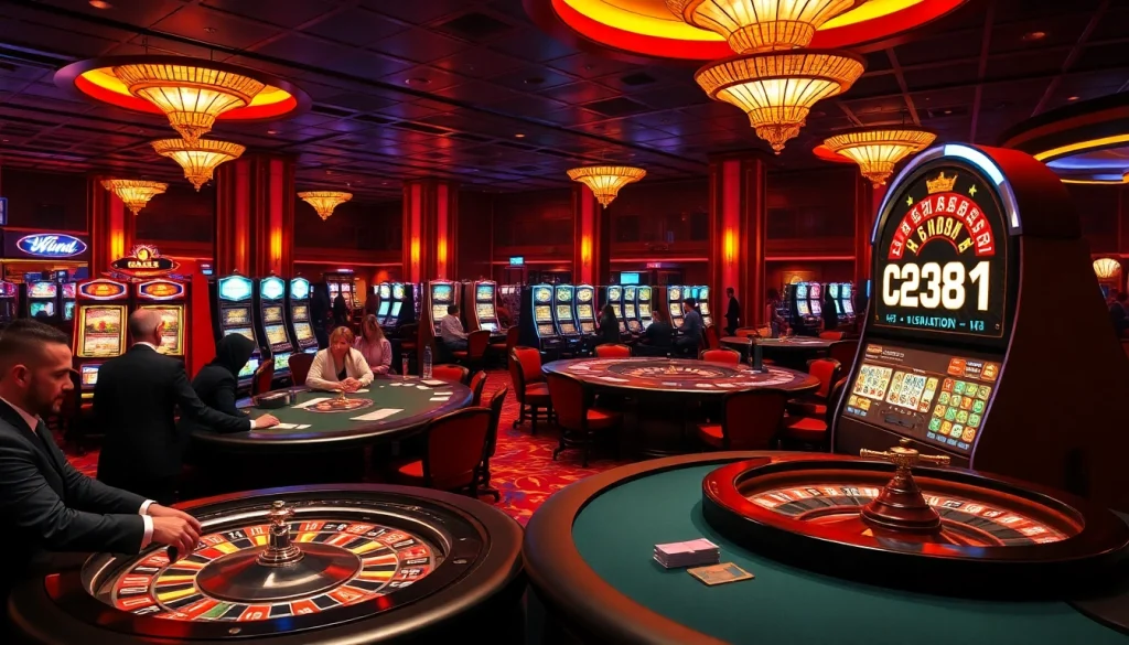 Players at an e28-themed slot machine in a bustling casino, capturing the thrill of gambling.