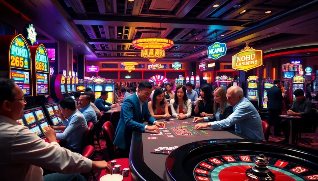 Players enjoying gambling at a lively casino featuring nohu poker tables and vibrant slot machines.