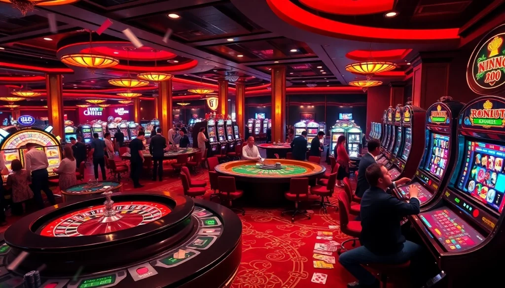 Engaging scene of casino players at viral88, showcasing poker, roulette, and slot games illuminated with vibrant colors.
