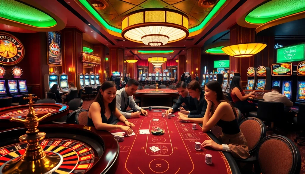 Gori77 brings excitement to table games within a luxurious casino environment filled with players and vibrant activities.