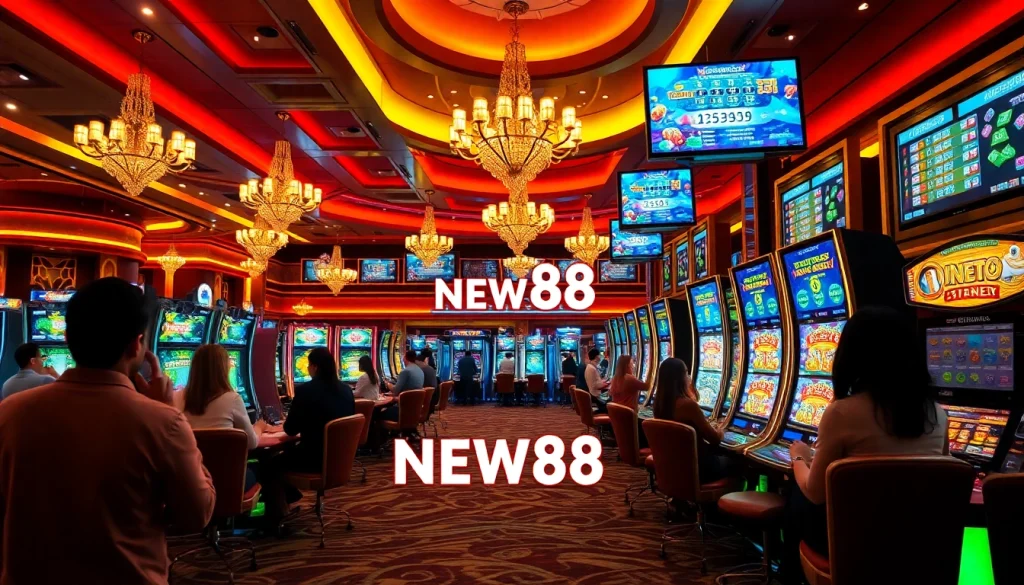 Players excitedly choose their numbers at the NEW88 lottery kiosks in a glowing casino setting.