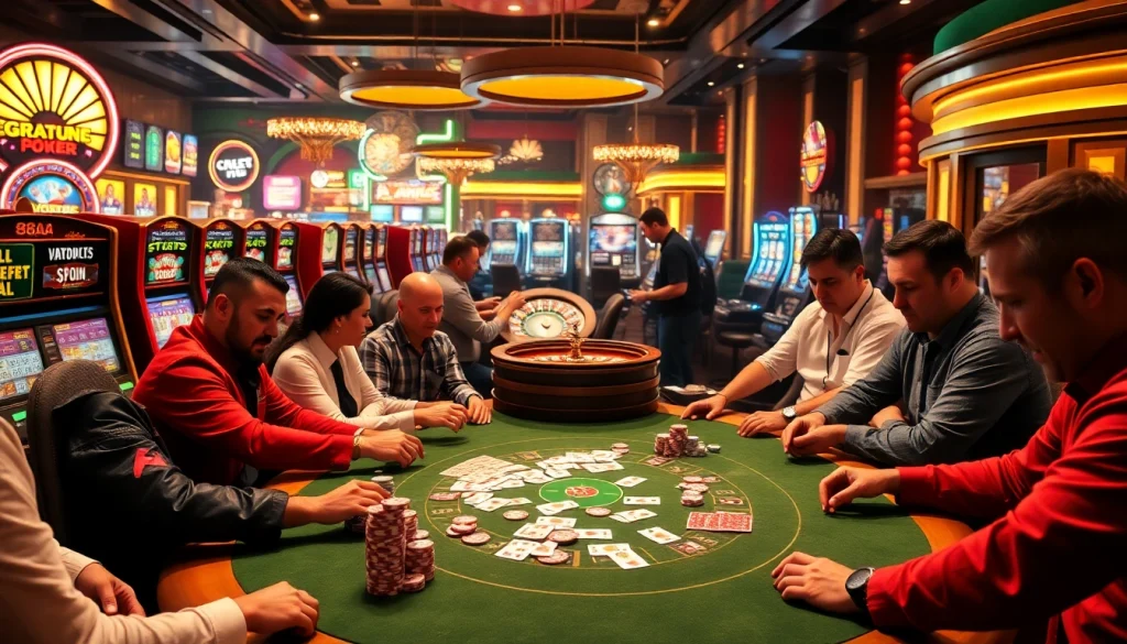 88AA casino scene featuring players at a poker table and vibrant slot machines, celebrating thrilling gambling moments.