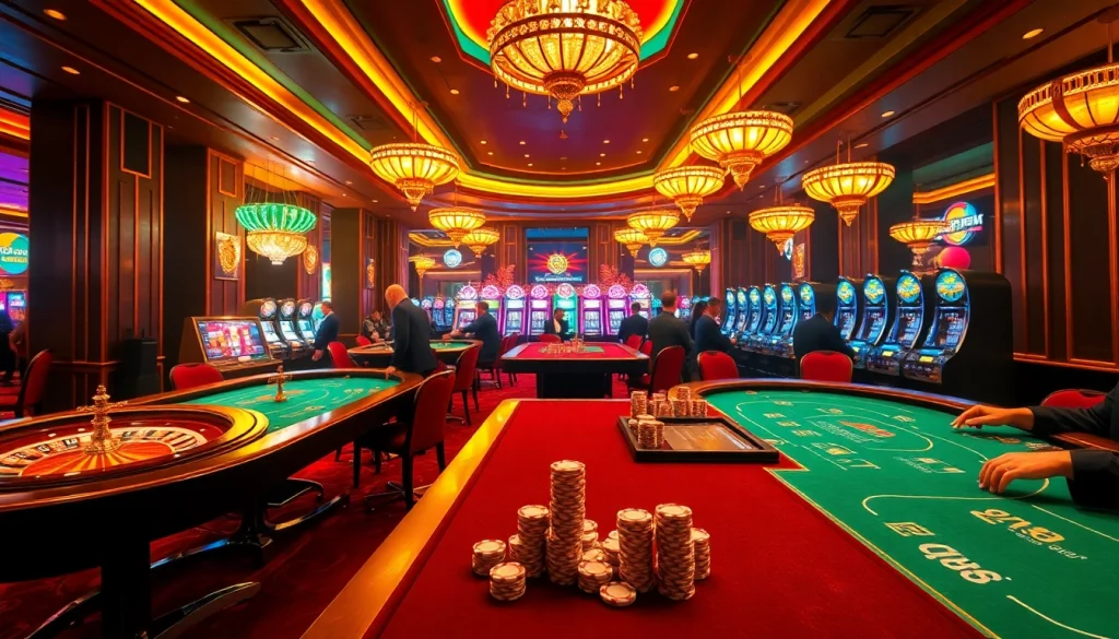 Explore an exhilarating casino scene with QQ88 at the forefront, showcasing thrilling card games and vibrant slot machines.