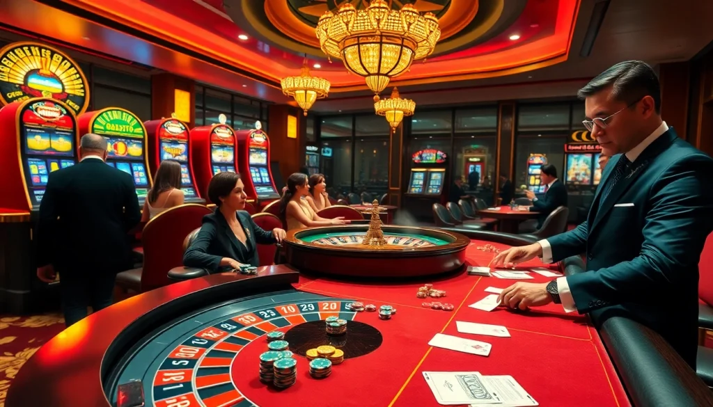 Experience the thrill of casino gaming at uu88 com with elegant players enjoying roulette and poker tables.