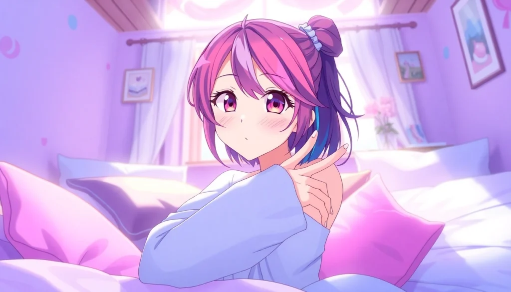 Anime sex scene featuring a lively character in a cozy, pastel-colored bedroom setting.