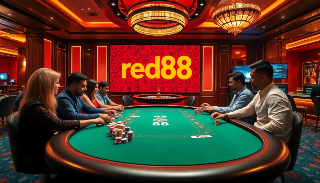 Experience thrilling poker action at red88's vibrant casino, with players and colorful chips enhancing the atmosphere.